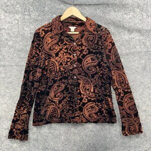 Christopher & Banks Top Womens M Brown Burnout Velvet Button Paisley Y2K VTG USA